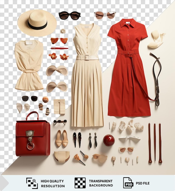 PSD conjunto de coleção de moda vintage com um vestido vermelho vestido branco sandálias castanhas óculos de sol pretos e um chapéu de palha exibido em uma parede branca com uma alça castanha no fundo