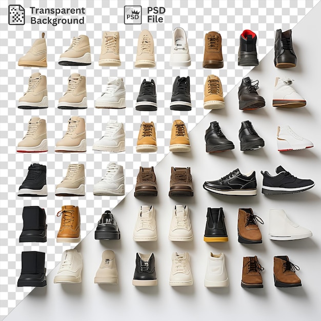PSD conjunto de coleção de tênis de alta qualidade com uma variedade de estilos e cores, incluindo sapatos pretos, castanhos, brancos e pretos e brancos exibidos em um fundo transparente
