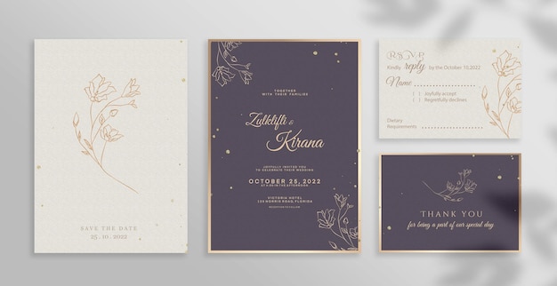 Conjunto de convite de casamento de luxo com fundo roxo