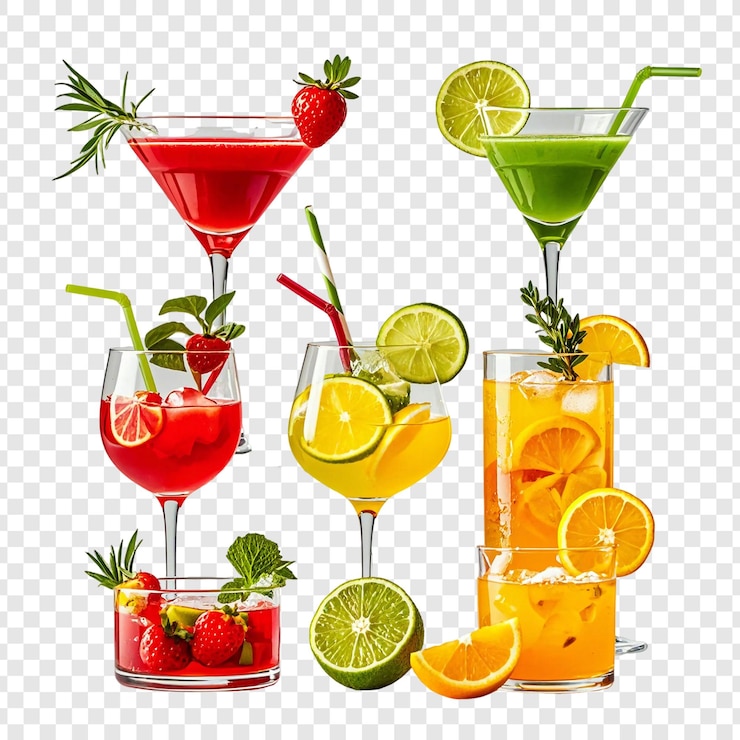 PSD conjunto de coquetéis, bebidas ou sucos frescos de fundo transparente