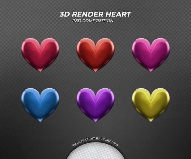 PSD conjunto de corações de renderização 3d