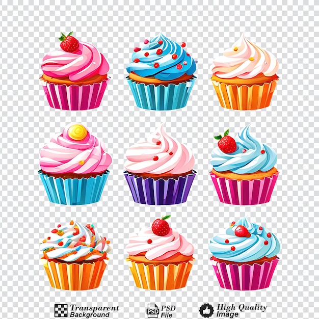 PSD conjunto de cupcakes coloridos isolados em fundo transparente