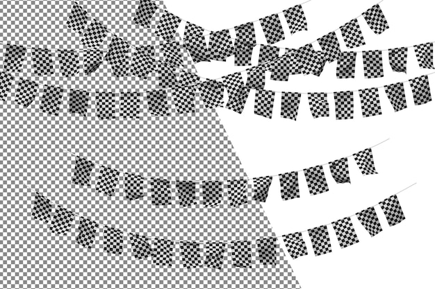 PSD conjunto de decoração de corda de bandeira quadriculada preto e branco de corrida, celebração de bandeira pequena, renderização 3d