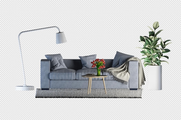 Conjunto de decoração de interiores em renderização em 3d