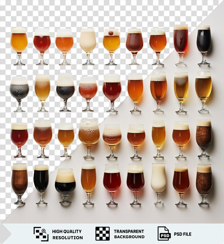 PSD conjunto de degustação de cerveja artesanal com uma variedade de copos, incluindo copos altos claros e de vinho, bem como uma mistura de copos de vinho branco e vermelho