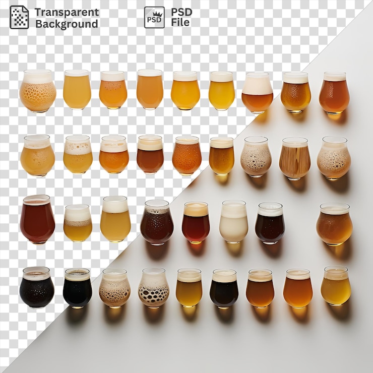 PSD conjunto de degustação de cerveja micro-cerveja psd com uma variedade de cervejas em copos, incluindo copos castanhos claros e altos, bem como um vaso de vidro e castanho
