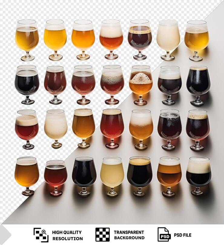 PSD conjunto de degustação de micro cerveja de fundo transparente com uma variedade de copos, incluindo copos transparentes altos e de vinho, bem como um copo e um copo transparente