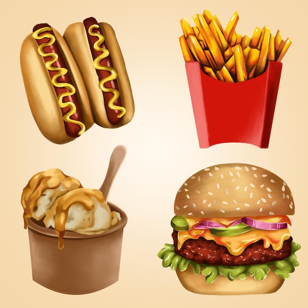 Conjunto de delicioso fast food na arte da pintura