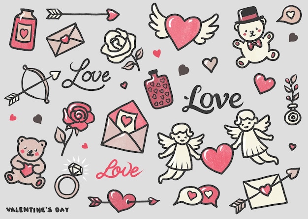 Conjunto de desenhos a lápis de estilo doodle com tema de São Valentim em cores cinza-rosa