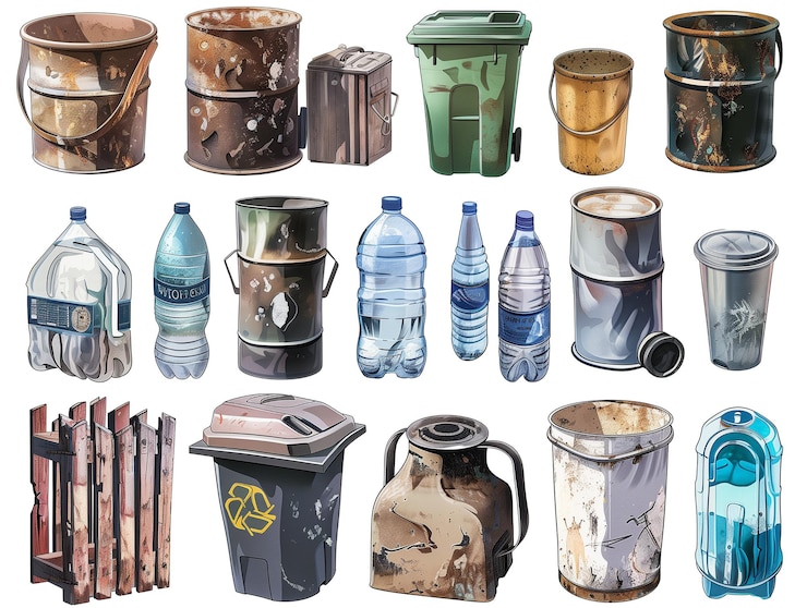 PSD conjunto de diferentes latas de lixo isoladas em fundo transparente
