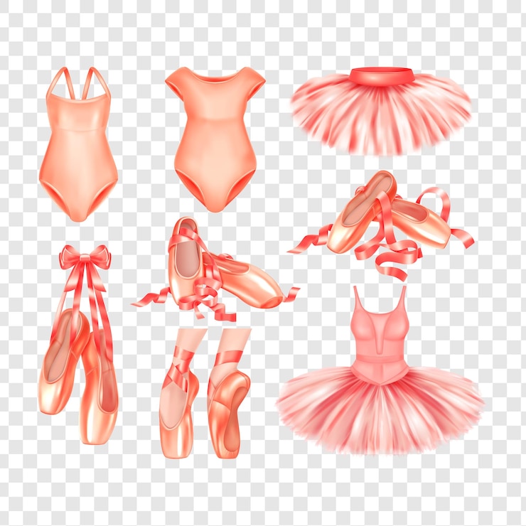 PSD conjunto de elegantes saias de ballet tutu, botas e trajes isolados em fundo transparente
