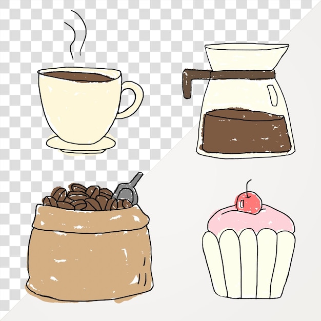 Conjunto de elementos de design de doodle de café fofo