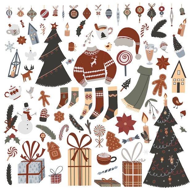 conjunto de elementos de natal com giz de cera enfeites de natal meias de árvore de natal caixa de presente pacote de inverno