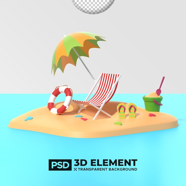 Conjunto de elementos decorativos em 3D estilo realista cadeira de praia areia mar ilustração vetorial