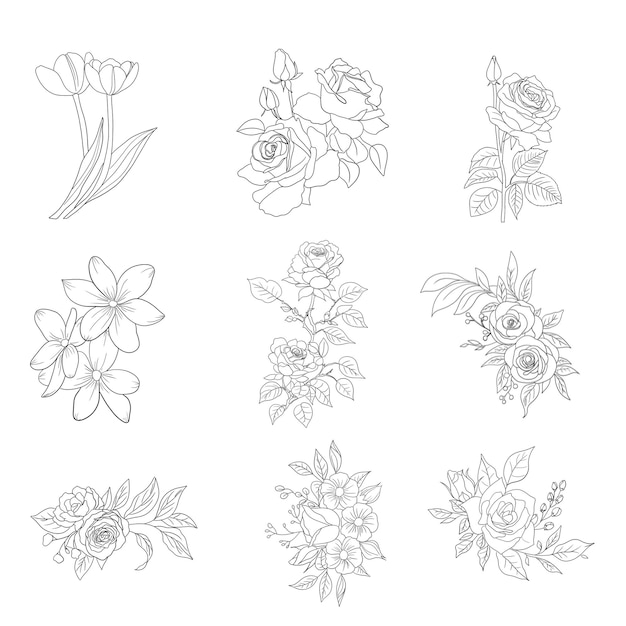 Conjunto de elementos decorativos florais de mão desenhada