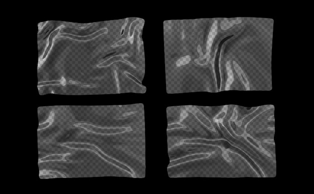 Conjunto de envoltórios enrugados em branco realista 3d filme de polietileno para maquete de modelo transparente de pacotes