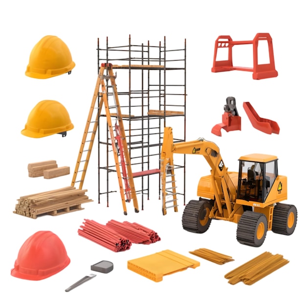 Conjunto de equipamentos de construção com andaimes de escavadeira em miniatura e equipamentos de segurança para construção