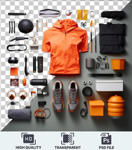 PSD conjunto de equipamentos esportivos de alto desempenho psd transparente de alta qualidade com um sapato cinza, jaqueta laranja, tesoura prateada e laranja e caneta preta