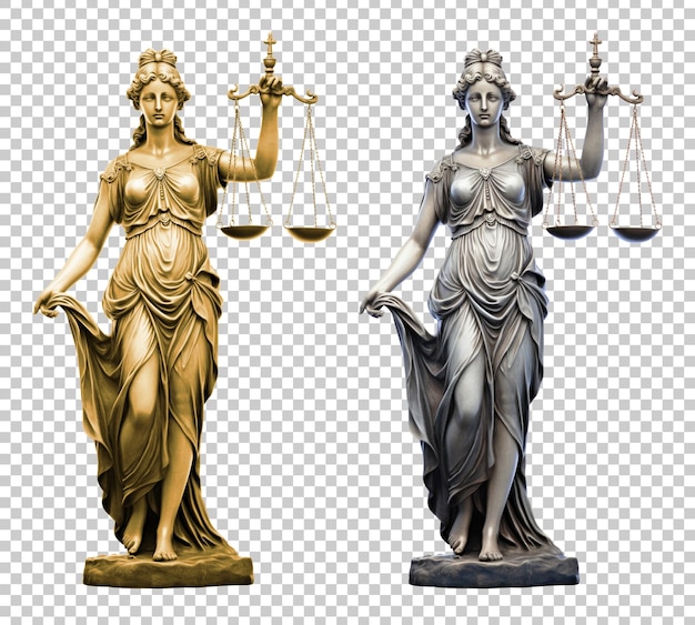 Conjunto de estátua de lady justice themis isolado em fundo transparente