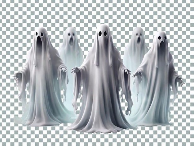 PSD conjunto de fantasmas translúcidos felizes tristes ou zangados sorrindo silhuetas fantasmas png