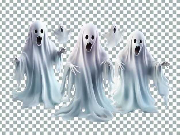 PSD conjunto de fantasmas translúcidos felizes tristes ou zangados sorrindo silhuetas fantasmas png