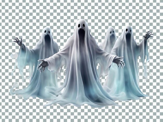 PSD conjunto de fantasmas translúcidos felizes tristes ou zangados sorrindo silhuetas fantasmas png