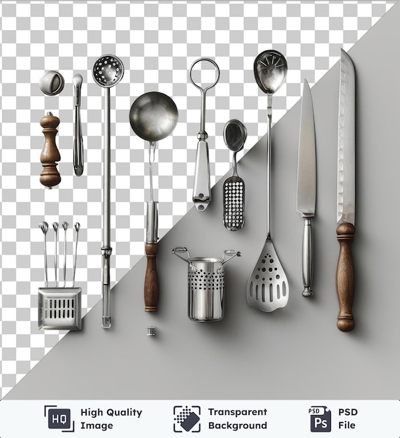 PSD conjunto de ferramentas de cozinha francesas gourmet de alta qualidade e transparente, exibido em uma parede branca com colheres de prata, facas e garfos com alças marrons e de madeira