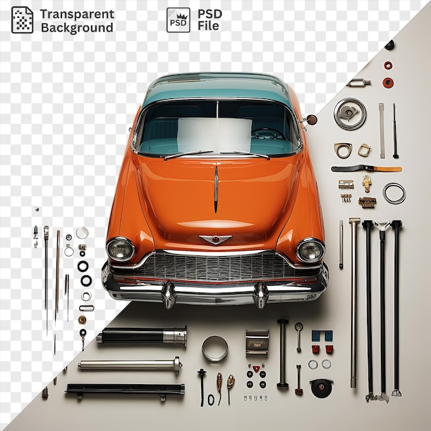 Conjunto de ferramentas de restauração de carros clássicos psd exibido em uma parede branca com um carro laranja com uma grelha de metal e prata