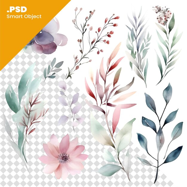 Conjunto de flores em aquarela; folhas e galhos. modelo psd de ilustração desenhada à mão