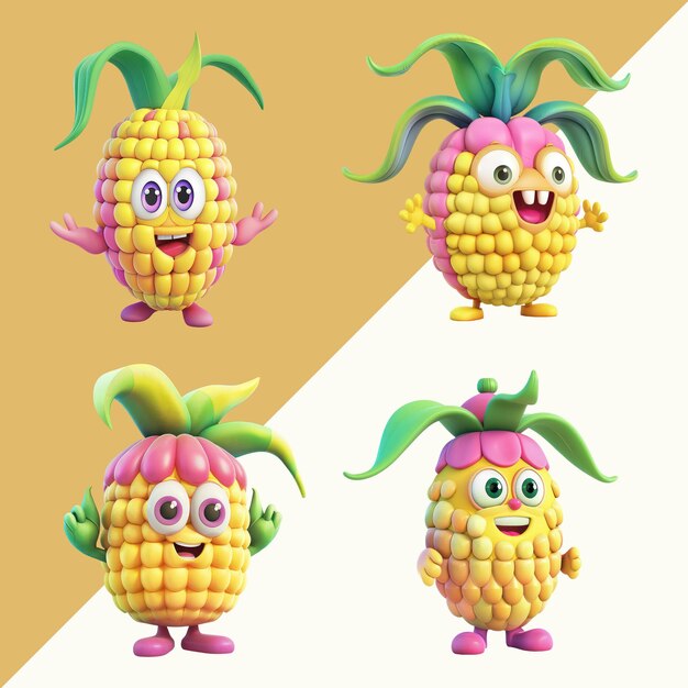 PSD conjunto de frutas com diferentes expressões faciais e emoções corn fruit cartoon colored clipart