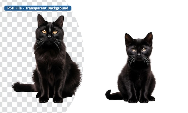 PSD conjunto de gatos pretos fofos, incluindo um filhote de gato preto e um gato preto adulto sentado