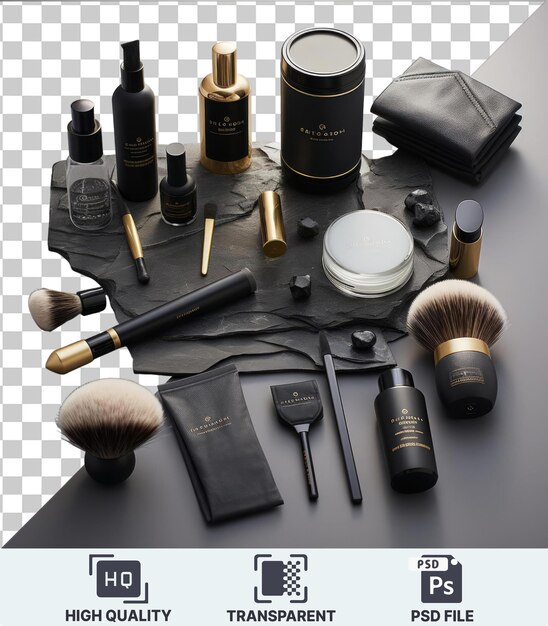 PSD conjunto de higiene e barbear de luxo para homens de alta qualidade com uma garrafa preta, uma mesa preta e cinza, uma caneta preta e uma carteira preta