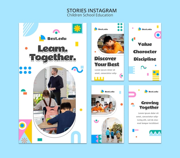 Conjunto de histórias do instagram de educação escolar infantil
