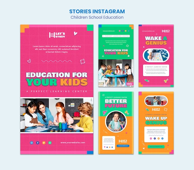 PSD conjunto de histórias do instagram de educação infantil