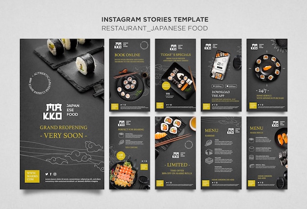 Conjunto de histórias do Instagram de restaurantes de sushi