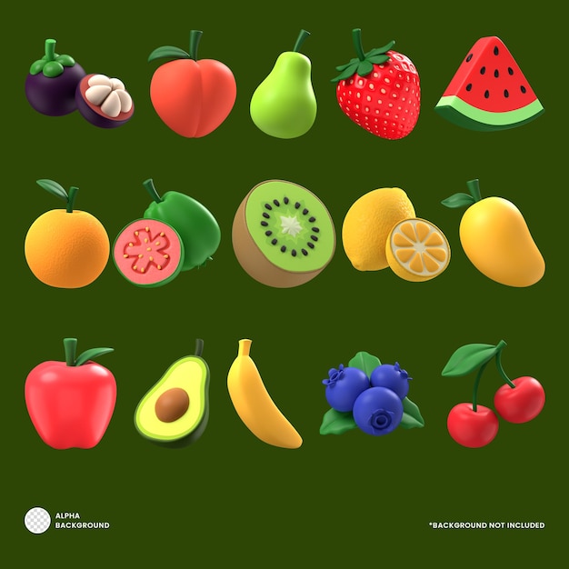 PSD conjunto de ícones 3d de frutas