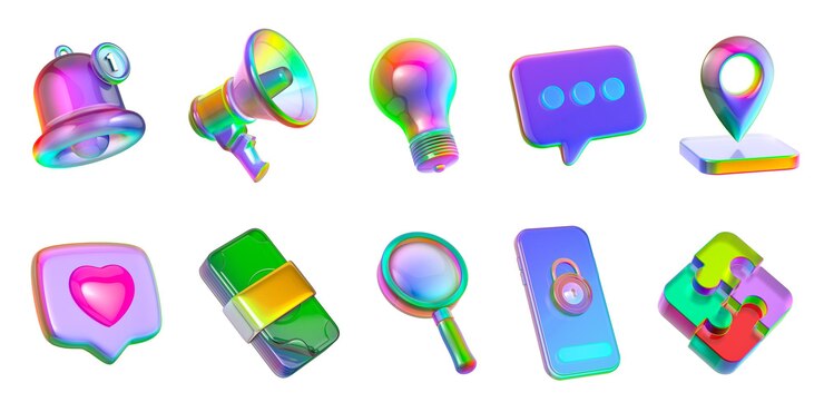PSD conjunto de ícones da internet com vidro iridescente e reflexos coloridos isolados em renderização 3d branca