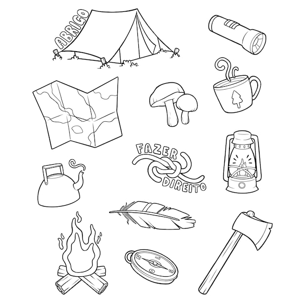 Conjunto de ícones de acampamento e sobrevivência na natureza