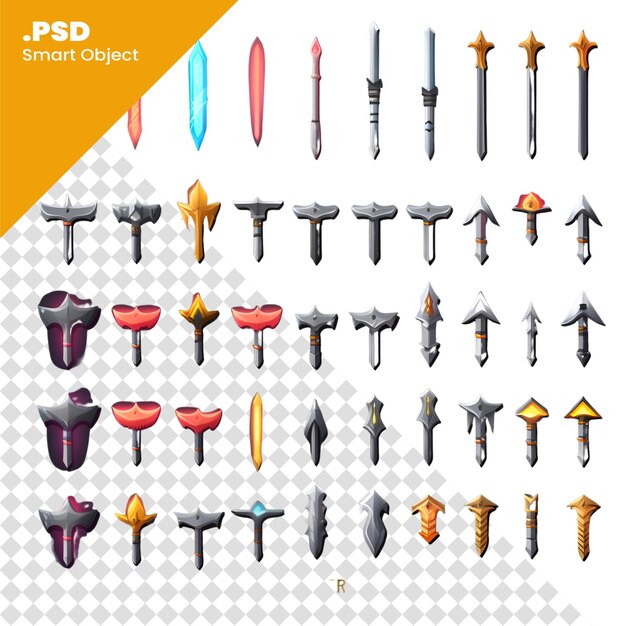 PSD conjunto de ícones de armas medievais ilustração de desenho animado de conjunto de ícones de armas medievais para modelo psd da web