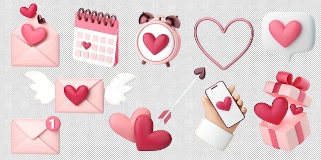 Conjunto de ícones de coleção romântica 3D Cartas de amor de corações e presentes