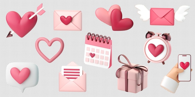 Conjunto de ícones de coleção romântica 3D Cartas de amor de corações e presentes