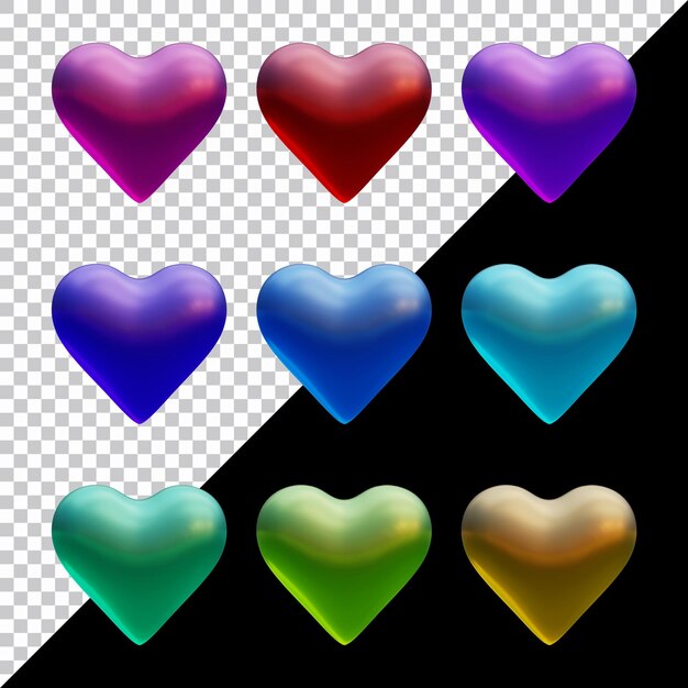PSD conjunto de ícones de coração ou formas de símbolo de amor em renderização 3d