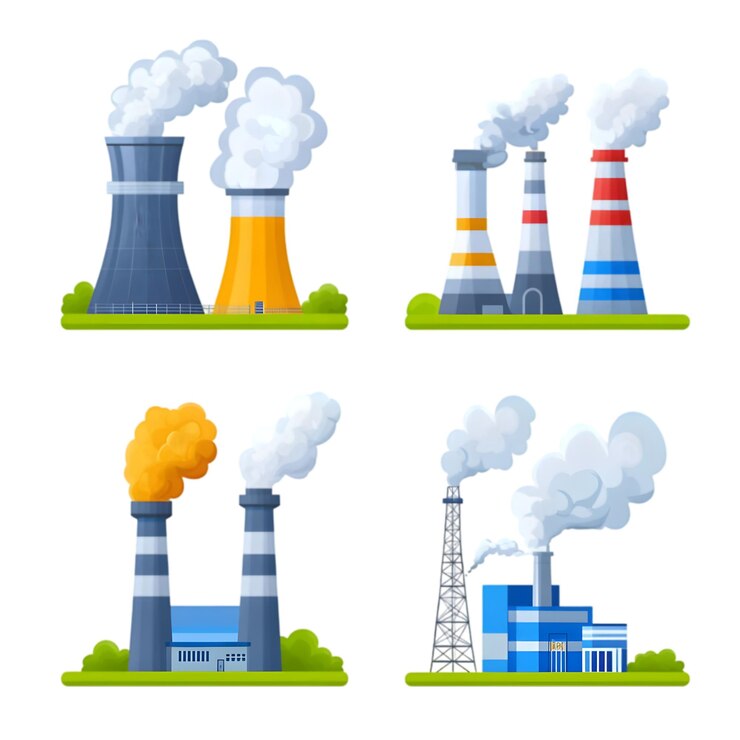 PSD conjunto de ícones de fábricas industriais com coloridas chaminés de fumaça poluição e conceito de produção de energia