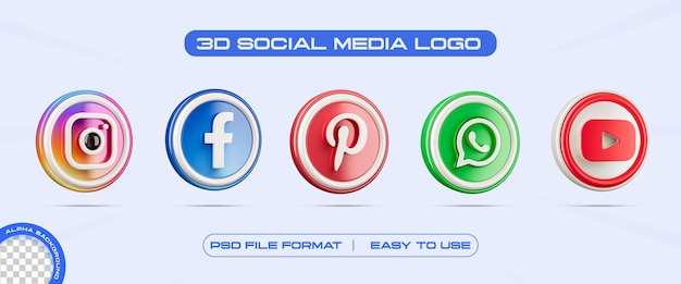 PSD conjunto de ícones de logotipo de mídia social ilustração de renderização 3d isolada