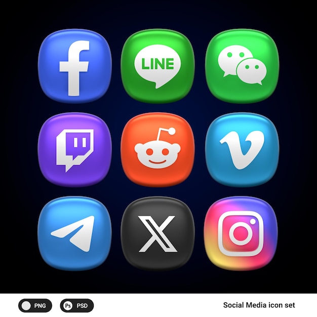 PSD conjunto de ícones de mídia social renderização 3d