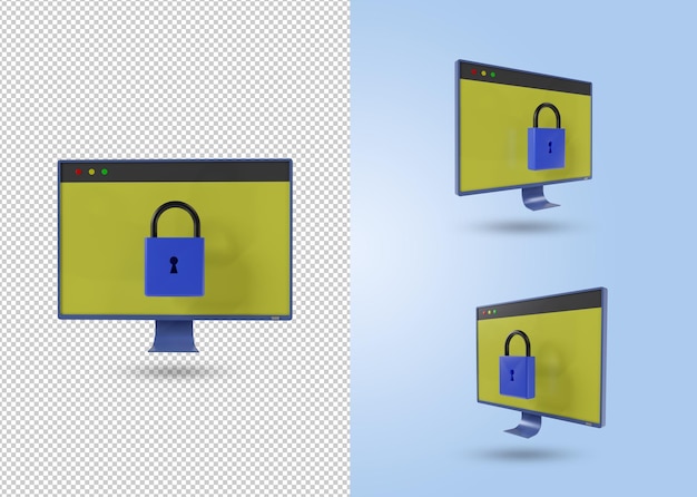 conjunto de ícones de monitor com conceito de monitor inativo de cadeado bloqueado renderização 3d