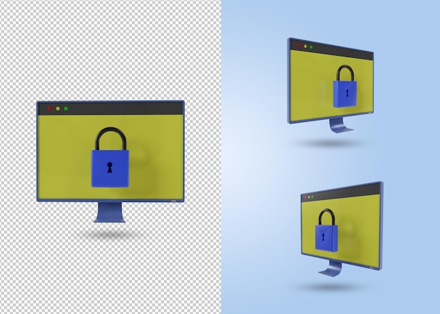 PSD conjunto de ícones de monitor com conceito de monitor inativo de cadeado bloqueado renderização 3d