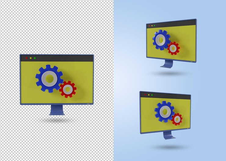 PSD conjunto de ícones do monitor com o conceito de navegador de engrenagem em reparo ou manutenção 3d render psd file