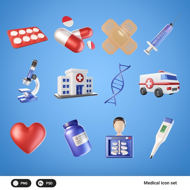 Conjunto de ícones médicos 3d bandagem kit de primeiros socorros frasco de cápsula injeção ux ui web design elements 3d