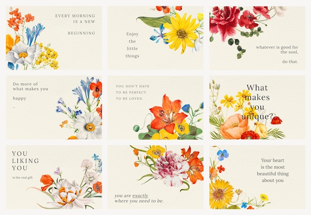 PSD conjunto de ilustração de psd de modelo de citação floral vintage, remixado de obras de arte de domínio público
